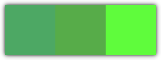 Three squares of varying shades of green. The first square is a little more blue and cold than the second one; the third square has an extremely satured green